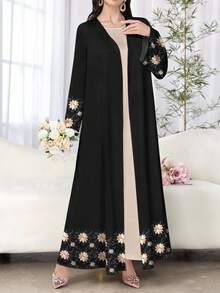 SHEIN Najma 女式白色仿刺绣花卉印花长袖休闲阿拉伯长袍，春秋季 - 彩色 - 查看 3