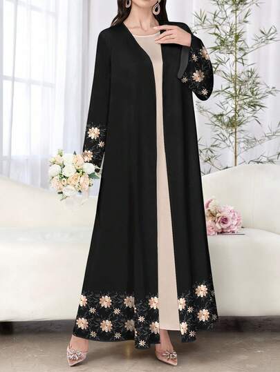 SHEIN Najma 女式白色仿刺绣花卉印花长袖休闲阿拉伯长袍，春秋季