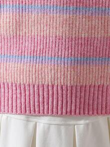 Tween Girls' Bow-Accent Sweaters Thick Long-Sleeve Loose Knit Pullovers Autumn/Winter School Everyday Pink And Purple Striped Cute - Pink - View 11