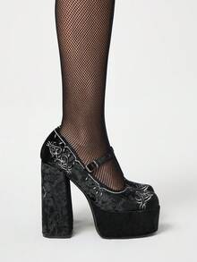 ROMWE Goth Women's Spring/Autumn New Strap Embroidered Pattern High Heel Platform Pumps For Christmas Y2K 2000s Style - Black - View 5