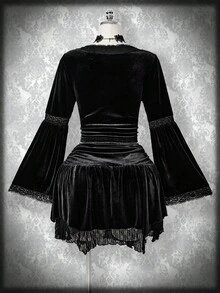 SHEIN ICON Áo nhung dệt kim cổ chữ V viền ren cỡ lớn dành cho nữ, trang phục Halloween, kiểu phù thủy, tay loe. - màu đen - Xem 2