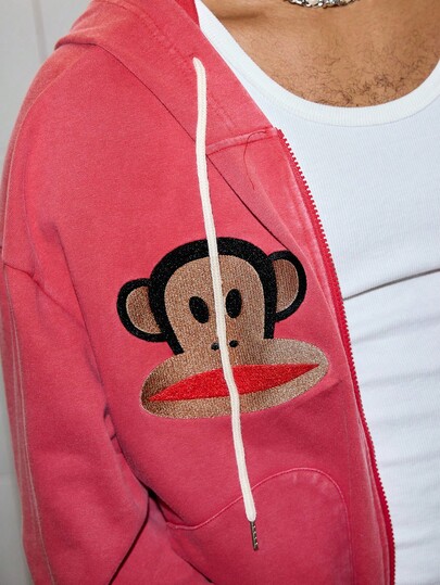 Paul Frank X ROMWE Men's Casual Monkey & Heart Embroidery Drawstring Hooded Sweatshirt, Autumn