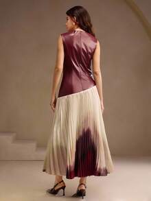 Anewsta Beige Autumn Elegant Dining Women's High-End Sleeveless Leather Jacket Patchwork Gradient Floral Pleated Long Dress,Spring Formal Party New Year Dress - Burgundy - View 2