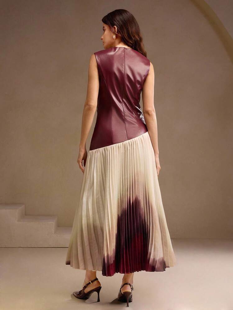 Autumn New High-End Sleeveless Leather Jacket Patchwork Gradient Floral Pleated Long Dress For Women, Suitable For Autumn, Spring, Going Out, Elegant, Formal, Party, Chic, New Year, Christmas, Graduation