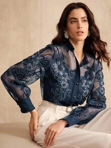 Anewsta Elegant Palace Style Fashion Pearl Decor Floral Collar Semi-Sheer Long Sleeve Blouse Top, Suitable For Spring, Summer, Festival, Graduation - Navy Blue - View 5