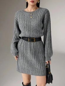 Heiryn 女式秋季扭纹落肩长袖针织连衣裙 - 深灰色 - 查看 6