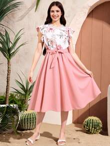 少女優雅甜美蕾絲花朵印花蓋袖拼布連身裙 - 粉色 - 查看 3