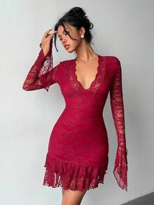 Aloruh Women's Sexy & Elegant Festive Christmas Halloween Bell Sleeve Fitted Lace Mini Dress,Symmetrical Flare Sleeve Fish Tail Maxi Lace Dress, Saudi National Day,Saudi National Day Clothing,Goth Dress,Fall/Winter Dress