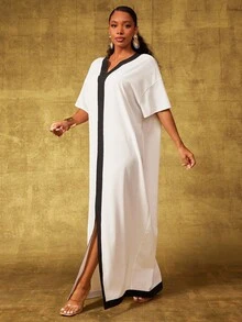 Vixey Váy Maxi Rộng Phối Viền Tương Phản Chất Liệu Chiffon Trơn - trắng - Xem 5
