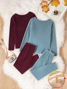 SHEIN Playful Pals 2 Sets Young Boy Burgundy & Light Blue Thermal Underwear Set, Long Pants & Long Sleeve Tops, Stretchy Knit Fabric, Machine Washable, Comfortable Fit, Family Matching Outfits (2 Sets Sold Separately) Fall Winter - Multicolor - View 2
