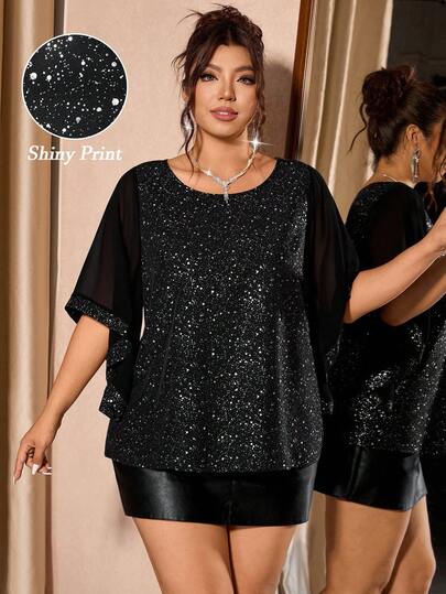 Cravure Plus Size Women's Luxury Party Style Versatile Fashion Slim Fit Glitter Elegant Blouse, Suitable For Gatherings And Banquets