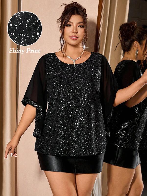 Cravure Plus Size Women's Luxury Party Style Versatile Fashion Slim Fit Glitter Elegant Blouse, Suitable For Gatherings And Banquets