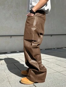 PAVTROS Pantaloni in pelle PU Manfinity Streetrush da uomo, pantaloni versatili e morbidi, pantaloni cargo casual marroni larghi e diritti da uomo, autunno inverno