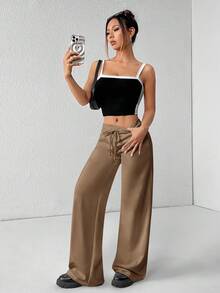 SHEIN PETITE 舒适休闲纯色针织低腰阔腿女式运动裤 - 駝色 - 查看 4