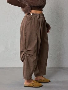 EMERY ROSE Plus Size Women's Elastic Waist Green Full Cotton Denim Harem Cropped Pants - Coffee Brown - View 4