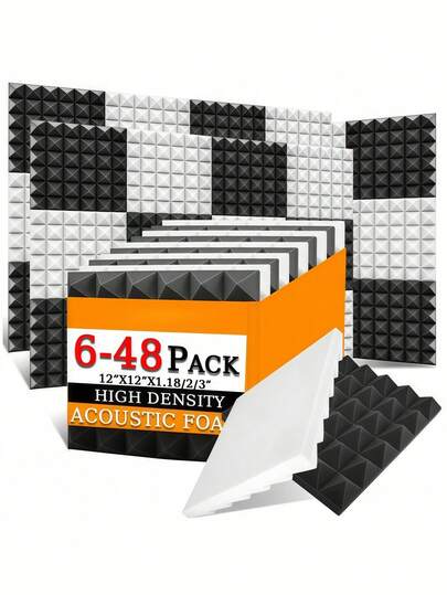 SHEIN Pyramid Acoustic Foam 6-48 Pcs 12"X12"X3"/12"X12"X2/12"X12"X1.18" Sound Absorbing Panel 8 Color High-Density Acoustic Treatment Foams Studio Soundproofing Sponge Pad Home Improvement