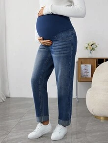 SHEIN 舒适弹力休闲百搭日常孕妇牛仔裤 - 中等水洗藍 - 查看 7