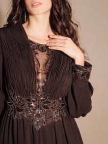 Anewsta 女士时尚新款性感镂空修身长袖水钻亮片优雅派对连衣裙 - 棕色 - 查看 3