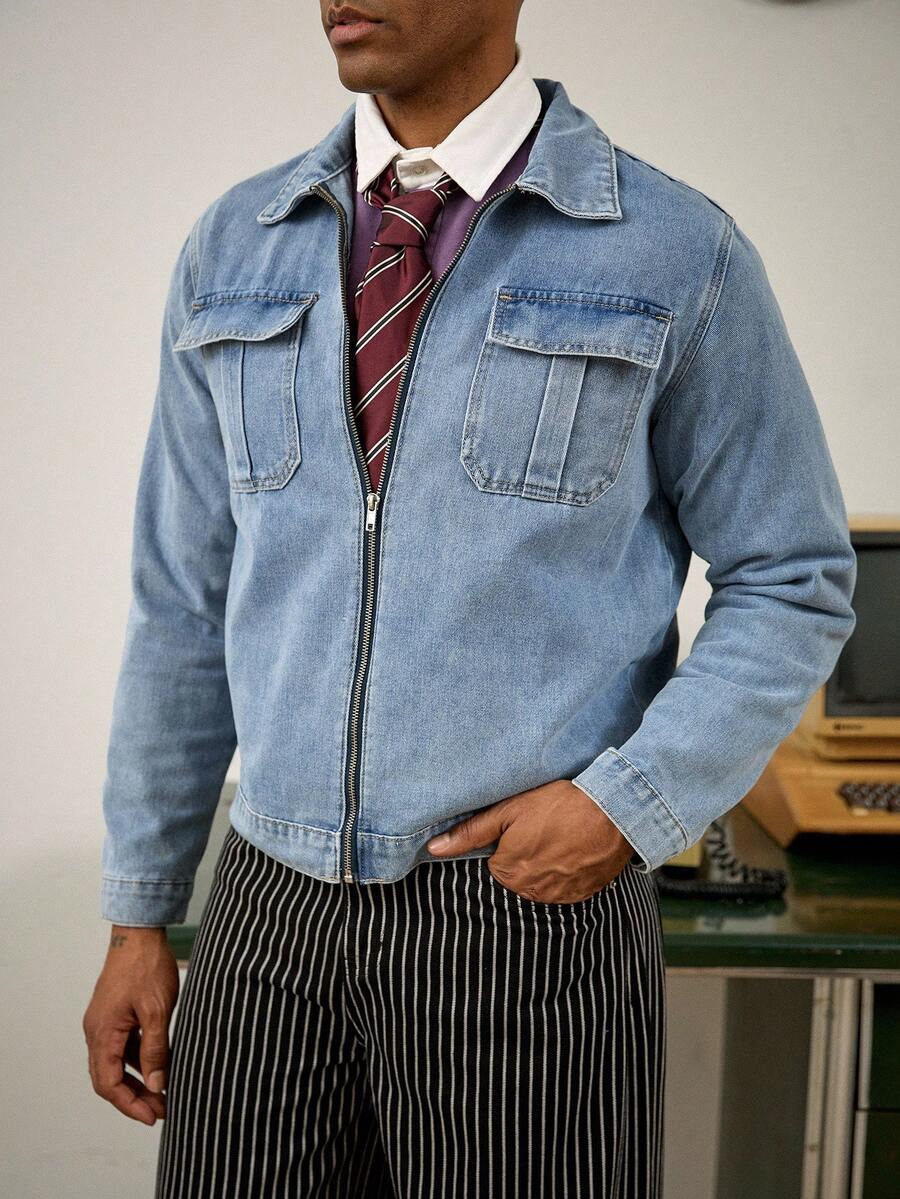 RivetRise Casual Faded Washed Blue Fitted Denim Jacket With Large Pockets, Spring/Autumn