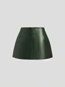 Sweetra Sexy Low-Waist Chic PU Leather Slit Mini Skirt, Spring/Summer - Green - View 2