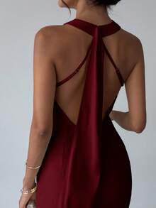 Firerie Elegant Daily Fashion New Vacation Date Sexy Graceful Banquet Party Glamorous Charming Wine Red Halter Deep V Backless Flowy Waist Mermaid Wine Red Long Dress, Graduation Season, Back To School Season, Party Dress, Afternoon Tea Dress, Sun Dresses ,Wedding Guest Dress Women - Burgundy - View 4