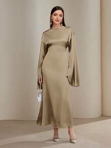 Veilorie 女式优雅纯色束腰长袖连衣裙 - 卡其色 - 查看 5