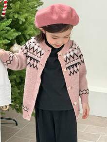 Genkimix Kids 秋冬新款韩版复古女童开衫圆领插肩袖针织花图案毛衣 - 粉色 - 查看 4