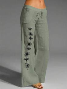 EMERY ROSE Quần vải lanh in dây rút dành cho nữ, thích hợp cho các môn thể thao thông thường Hàng ngày đi biển Kỳ nghỉ hè, dài - màu xanh lá - Xem 1