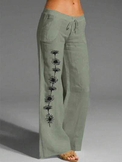 EMERY ROSE Women's Drawstring Printed Linen Pants, Suitable For Casual Sports Daily Beach Holiday Summer, Long Fall Cloth For Women