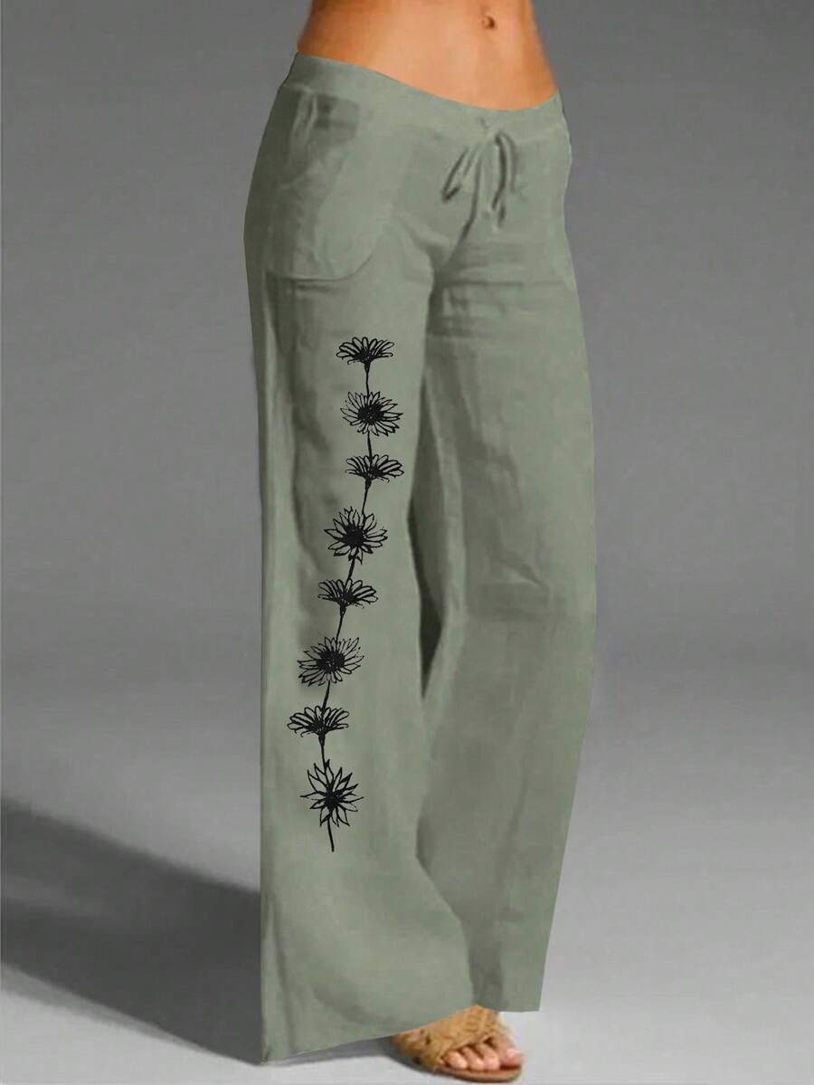 EMERY ROSE Quần vải lanh in dây rút dành cho nữ, thích hợp cho các môn thể thao thông thường Hàng ngày đi biển Kỳ nghỉ hè, dài - màu xanh lá - Xem 1