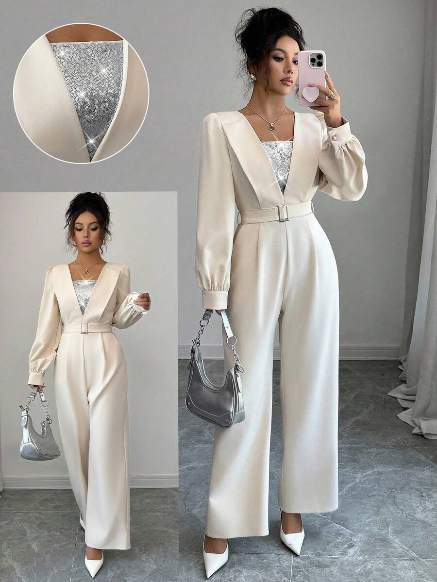 Selianne Bộ đồ liền thân chắp vá sequin thanh lịch dành cho nữ, thắt eo, mùa thu - Màu be - Xem 1