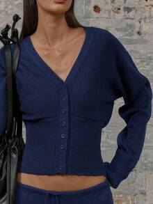 MUSERA Knit V-Neck Button Up Ribbed Waist Cinched Cuff Cardigan Spring Y2K 90's Casual Cute Airport Holiday Summer Vacation Fall Autumn Winter Everyday  Work Office   Chic Sweater Spring - Navy Blue - View 5