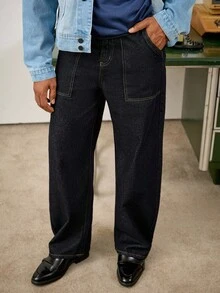 Manfinity Homme 男士深蓝色休闲宽松牛仔裤 - 深色水洗藍 - 查看 5