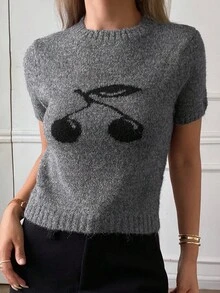 DAZY كنزة صوفية قصيرة الأكمام رمادية بياقة طاقم للنساء، خريف/شتاء