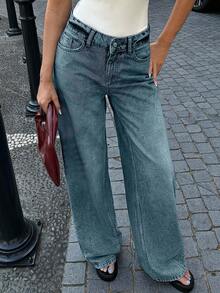 EURMUSE RueChic 100% Cotton Low Waist Wash Detailed Wide Leg Jean - Dusty Blue - View 4