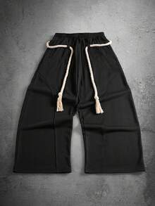 Manfinity Hypemode 男士休闲日常通勤简约纯色宽松阔腿运动裤，带流苏抽绳腰带，男士冬季服装，送给男友的完美礼物，街头潮流单品，校园及万圣节黑色日系运动裤 - 黑色 - 查看 6