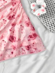 SHEIN Vestido de verano para adolescentes, nuevo año, día de San Valentín de color rosa y blanco con estampado floral de malla, cuello halter, para vacaciones/días festivos, vintage/playa/mar/elegante, vestido rosa con flores, vestido de verano - Rosa - Ver 5