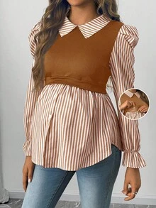SHEIN Maternity Striped Lapel Gigot Sleeve Casual Nursing Top - Brown - View 1