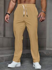Manfinity LEGND Men's Plain Drawstring With Pocket Casual Pants, Men Drawstring Pants, Men Wide Leg Side Stripe Gym Pants, Men Straight Leg Sweatpants, Men Pants Summer, For Fall - Khaki - View 3
