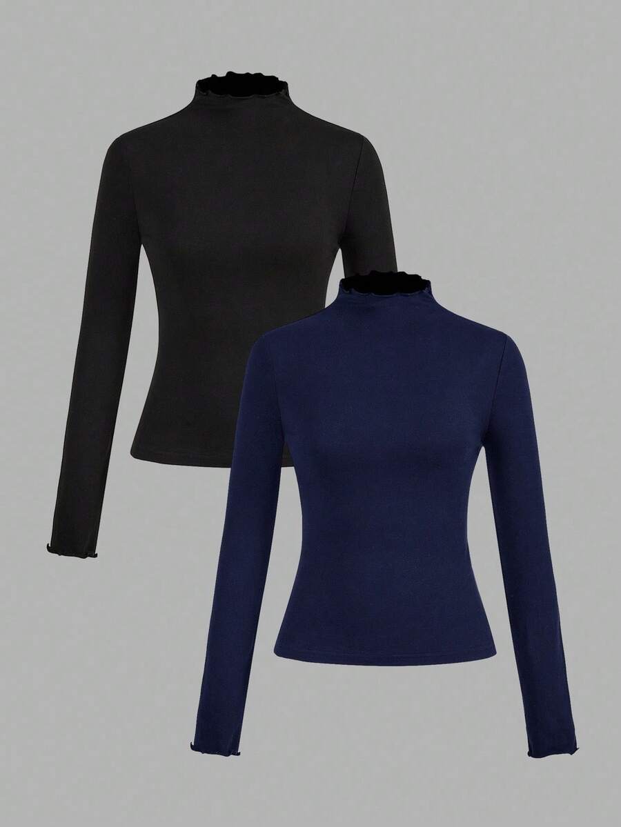 SHEIN EZwear 2 件套黑色和海军蓝休闲紧身长袖 T 恤，秋冬 - 彩色 - 查看 1