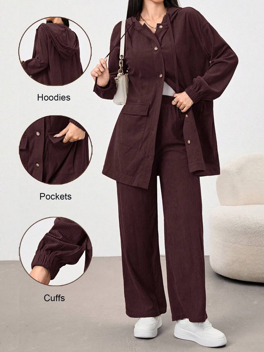 Mulvari 2pcs Khaki Women Casual Daily Hooded Shirt And Pants Set, Autumn/Winter 2 Pieces Set - Coffee Brown - View 1