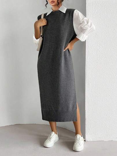 Elenzga Plus Size Sleeveless Round Neck Knit Dress, Fashionable For Autumn