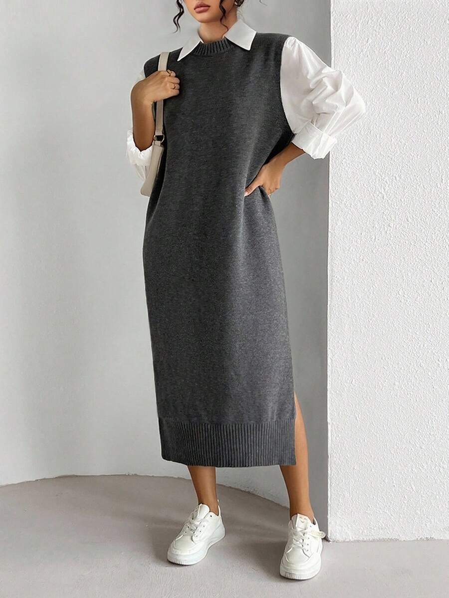 Elenzga 大码无袖圆领针织连衣裙，秋季时尚
