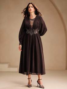 Anewsta 女士时尚新款性感镂空修身长袖水钻亮片优雅派对连衣裙 - 棕色 - 查看 6