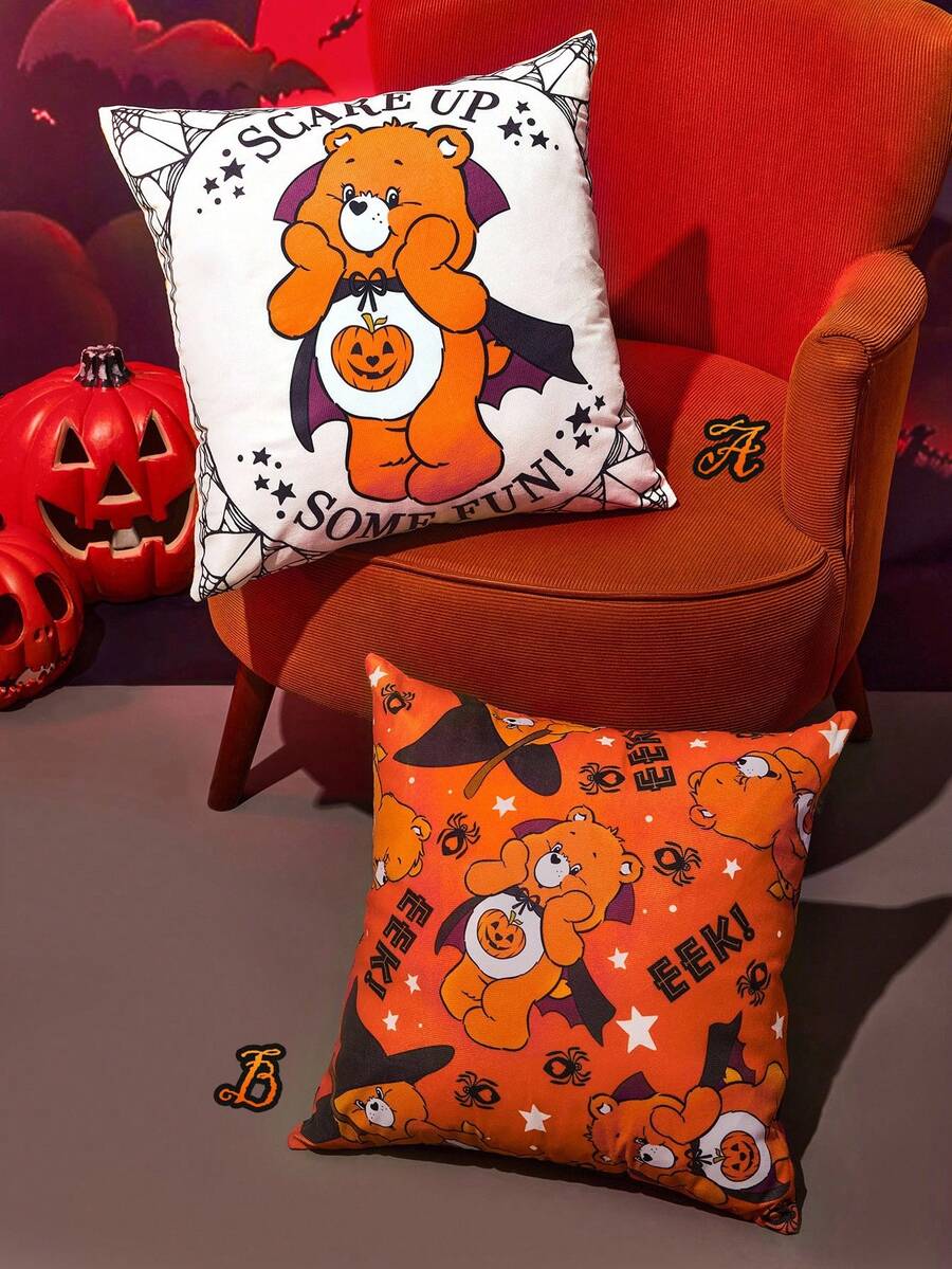 SHEIN X Care Bears 1 件万圣节熊印花靠垫套，45*45 厘米（不含枕芯），南瓜橙色，天鹅绒面料，柔软舒适 - 彩色 - 查看 1