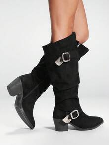 Sugerpunk Women's Dark Punk Goth Y2K Lace-Up Biker Boots, Motorcycle Knight Boots, Streetwear Buckle Strap Western Knee-High Boots - Black - View 5