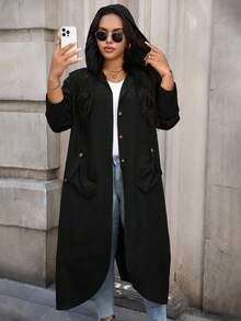 SHEIN PETITE CURVE Plus 双口袋落肩连帽大衣 - 黑色 - 查看 4