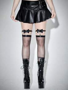 ROMWE Goth 2 件装女士黑色蝴蝶结链条滴油十字架装饰暗黑风格朋克风格紧身裤腿环连衣裙短裙短裤配饰日常百搭万圣节服装配饰 - 黑色蝴蝶結 - 查看 3