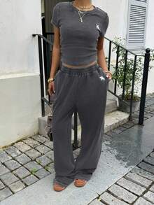 Muchica Women's Black Knit Casual Embroidered T-Shirt & Pants Set Two Piece Set Women Comfy Y2k 2 Piece Set Grey 2 Piece Set 2 Piece Casual Sets Woman - Grey - View 5