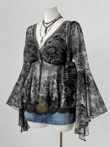 Sunspun 大码女式腰果花卉印花撞色蕾丝 V 领喇叭袖时尚衬衫 - 彩色 - 查看 3